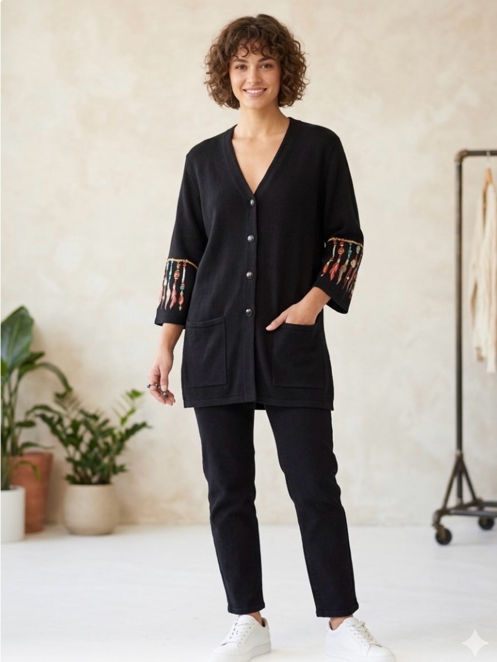 P0051. Bob Mackie Black Button-Front Cardigan with Embroidered Back & Sleeve